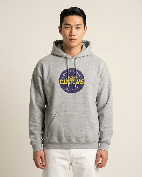 Los Santos Customs - Video Game Hoodie — Grey Front, worn