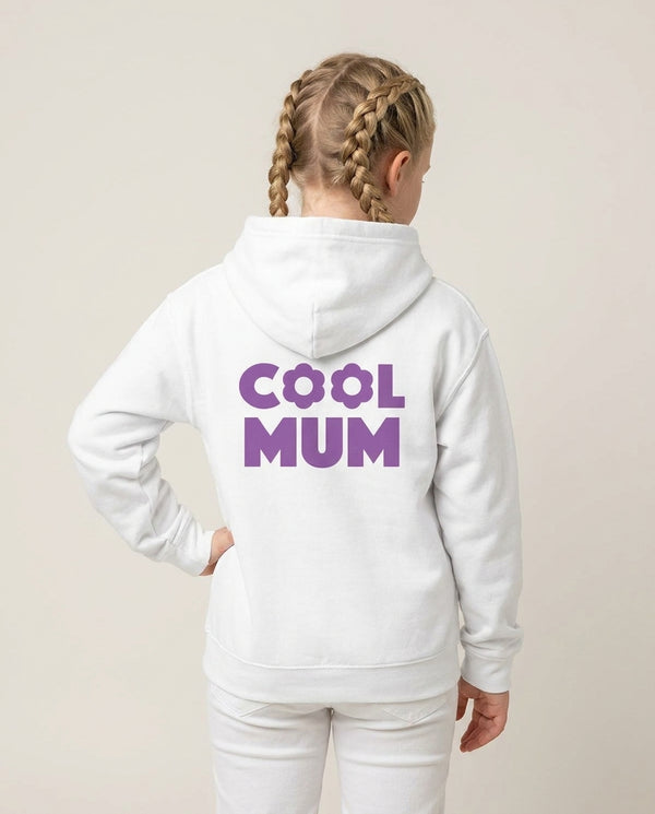 Cool Mum Kids Hoodie — White Back, worn