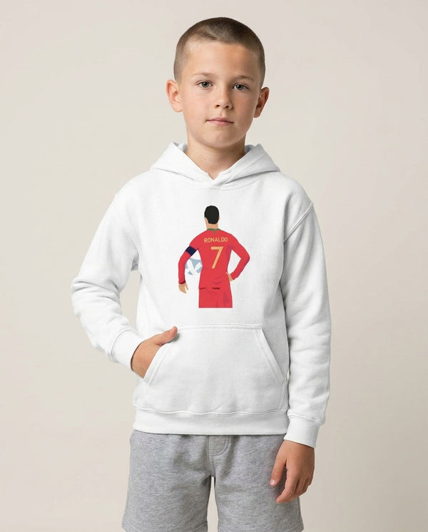 Ronaldo - Football Kids Hoodie — White Front, worn