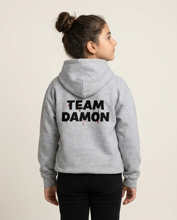 Team Damon - VD Kids Hoodie — Grey Back, worn