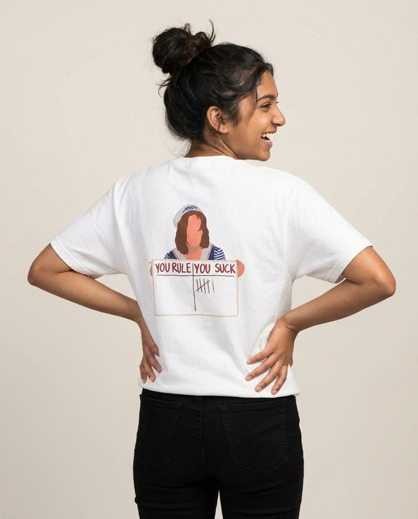 You Suck Tally T-Shirt — White Back, worn