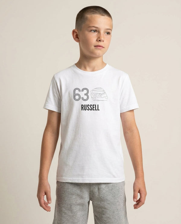 Russell Helmet 2026 Kids T-Shirt — White Front, worn