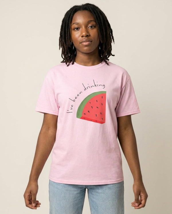 I've Been Drinkin Watermelon - Queen B T-Shirt — Pink Front, worn