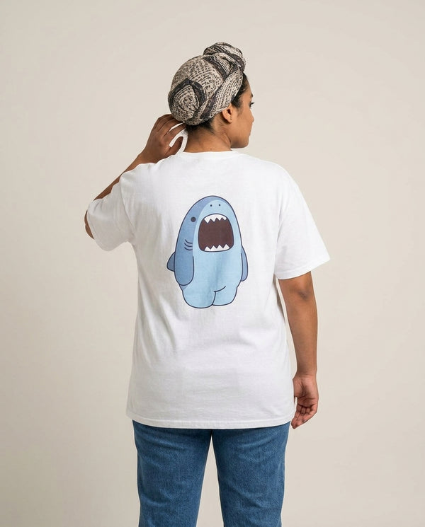 Chubby Shouting Shark T-Shirt White Back, worn