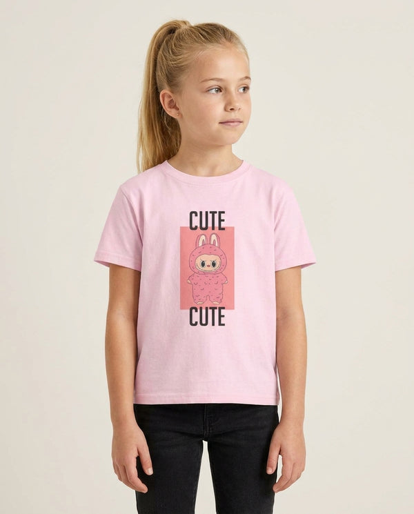 Cute Pink Monster Kids T-Shirt — Pink Front, worn