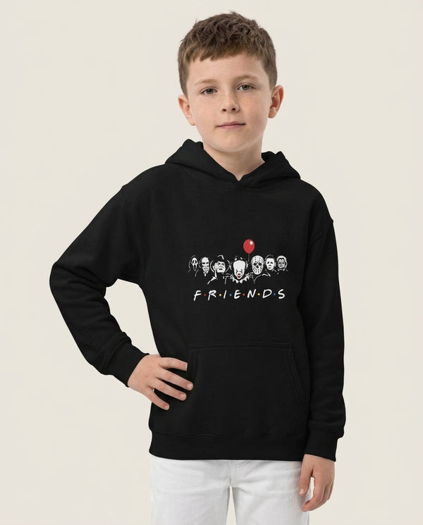 Horror Friends Kids Hoodie — Black Front, worn