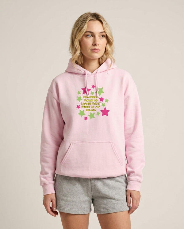 Chappell Rent Free In My Head Hoodie — Pink Front, worn