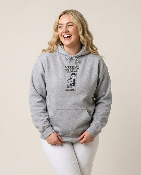 Missing Person Holly Hoodie — Grey Front, worn