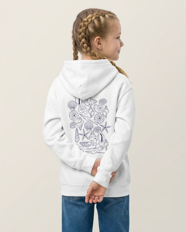 Sea Shells - Clean Girl Aesthetic Kids Hoodie — White Back, worn