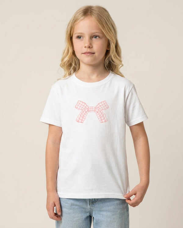 The Gingham Bow Kids T-Shirt — White Front, worn
