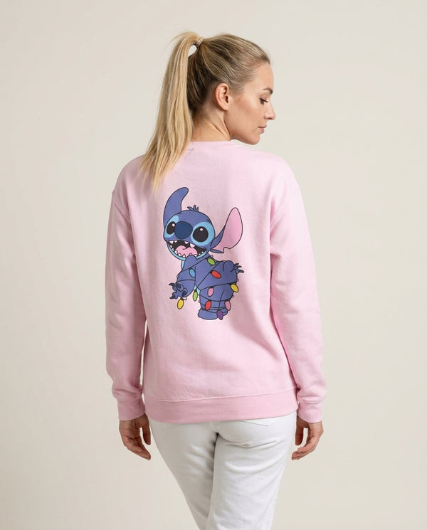 Cute Blue Alien Fairylights Sweatshirt — Pink Back, worn