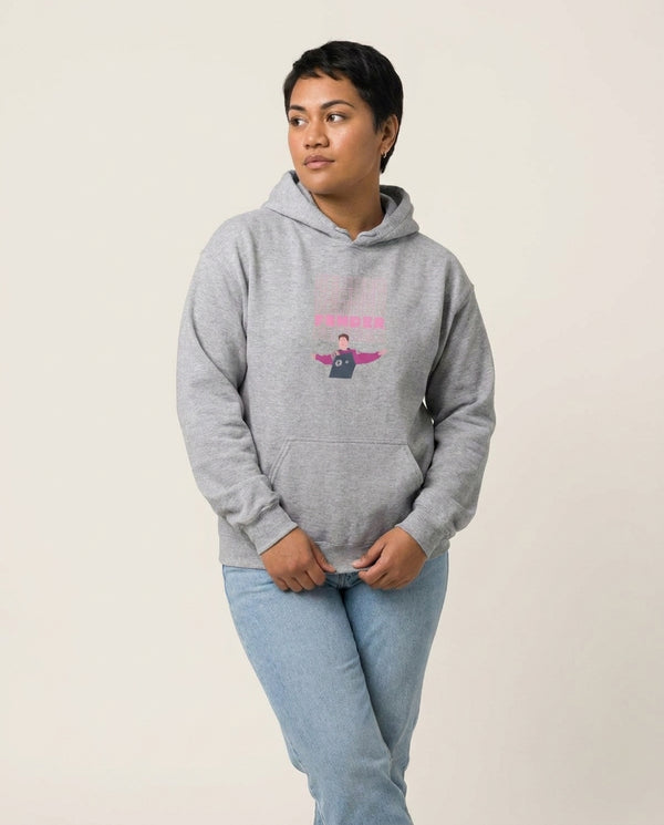 Fender Pink Sports Jersey Hoodie — Grey Front, worn