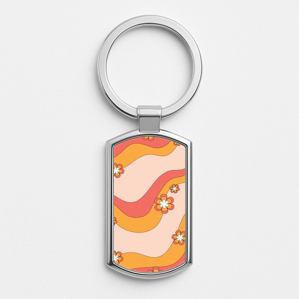 Waves And Flowers Orange Retro Pattern Silver Keyring