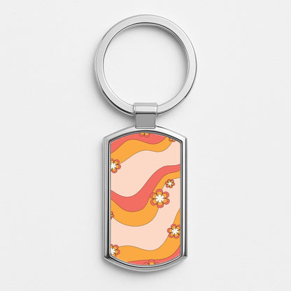 Waves And Flowers Orange Retro Pattern Silver Keyring
