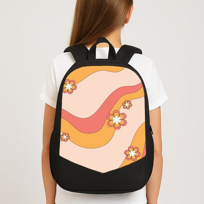 Waves And Flowers Orange Retro Pattern Large School Bag