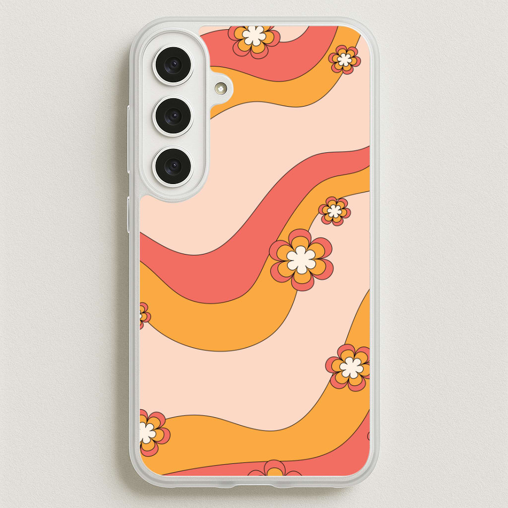 Waves And Flowers Orange Retro Pattern Phone Case for Galaxy S25FE