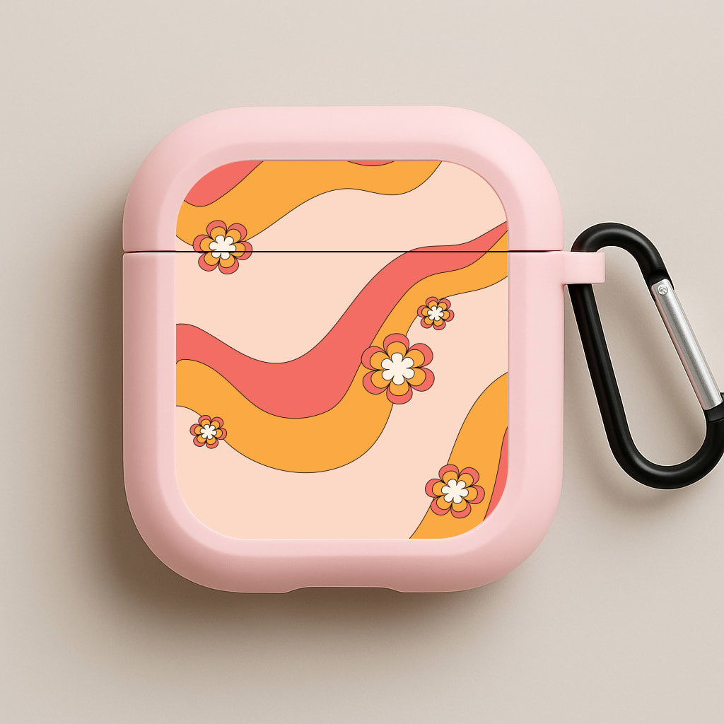 Waves And Flowers Orange Retro Pattern Pink AirPods Case