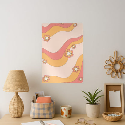 Waves And Flowers Orange Retro Pattern Art Print