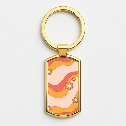 Waves And Flowers Orange Retro Pattern Gold Keyring