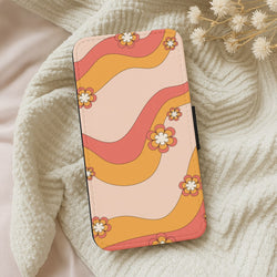 Waves And Flowers Orange Retro Pattern Wallet Phone Case