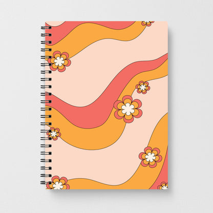 Waves And Flowers Orange Retro Pattern Notebook