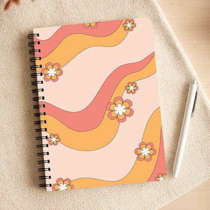 Waves And Flowers Orange Retro Pattern Notepad