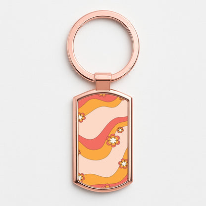 Waves And Flowers Orange Retro Pattern Rose Gold Keyring