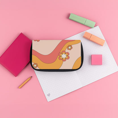 Waves And Flowers Orange Retro Pattern Pencil Case