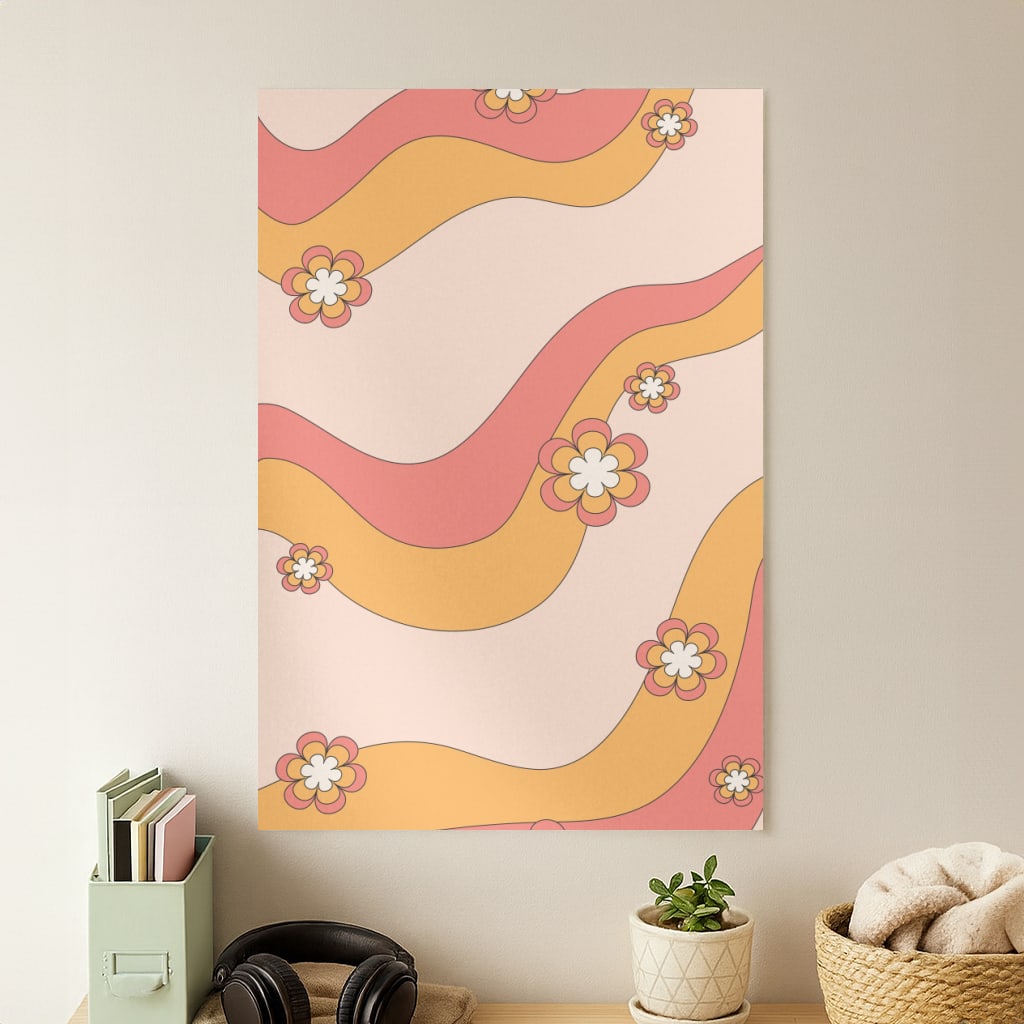 Waves And Flowers Orange Retro Pattern Poster