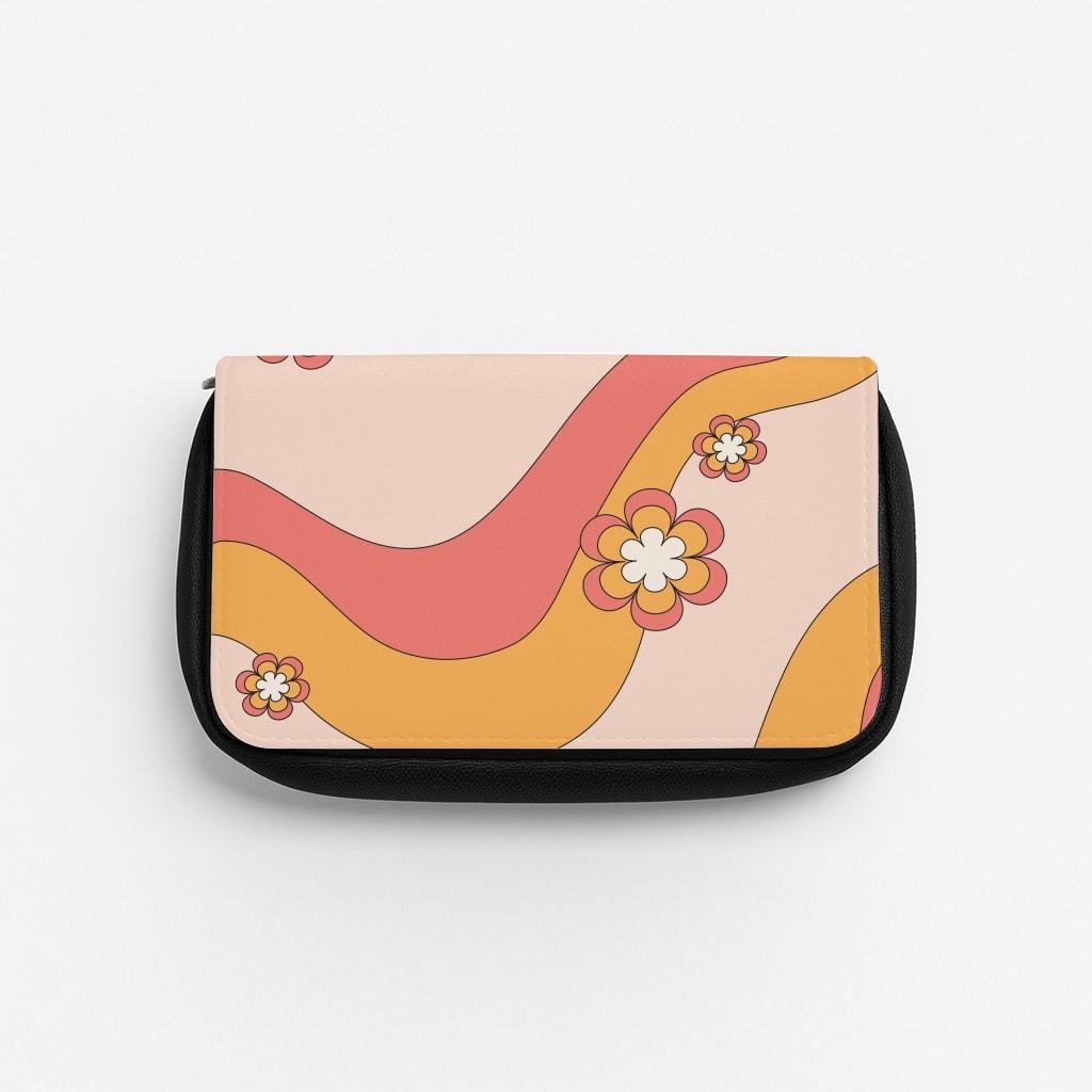 Waves And Flowers Orange Retro Pattern Pencil Case