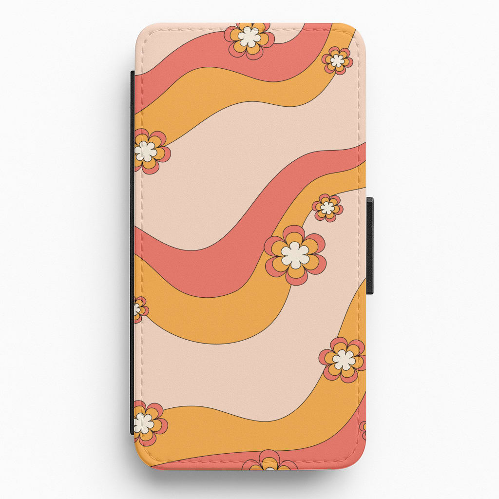 Waves And Flowers Orange Retro Pattern Flip / Wallet Phone Case