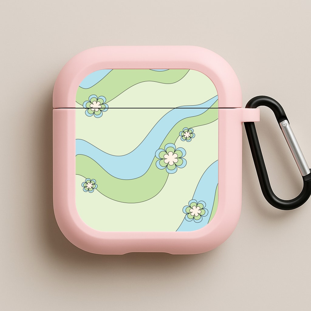 Waves And Flowers Green Retro Pattern Pink AirPods Case