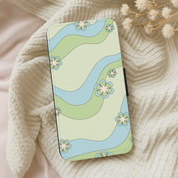 Waves And Flowers Green Retro Pattern Wallet Phone Case