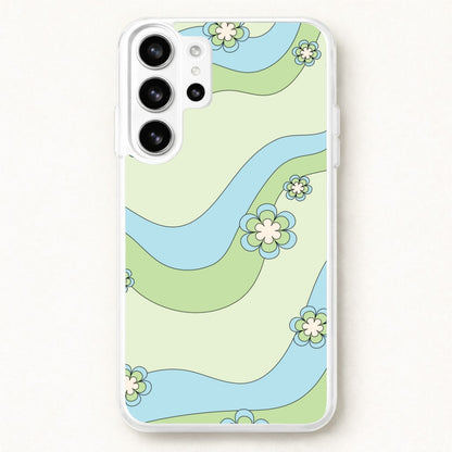 Waves And Flowers Green Retro Pattern Phone Case for Galaxy S26 Ultra
