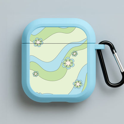 Waves And Flowers Green Retro Pattern Blue AirPods Case