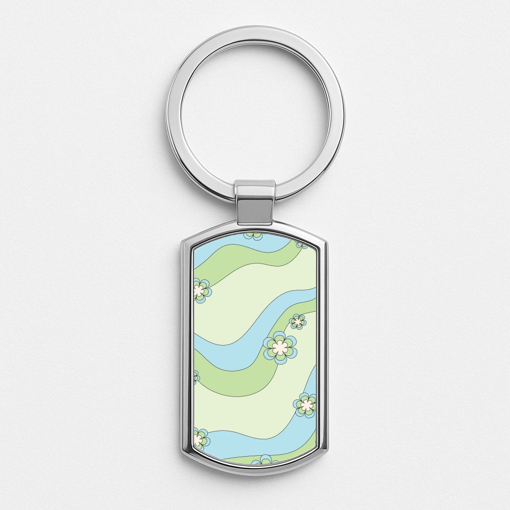Waves And Flowers Green Retro Pattern Silver Keyring