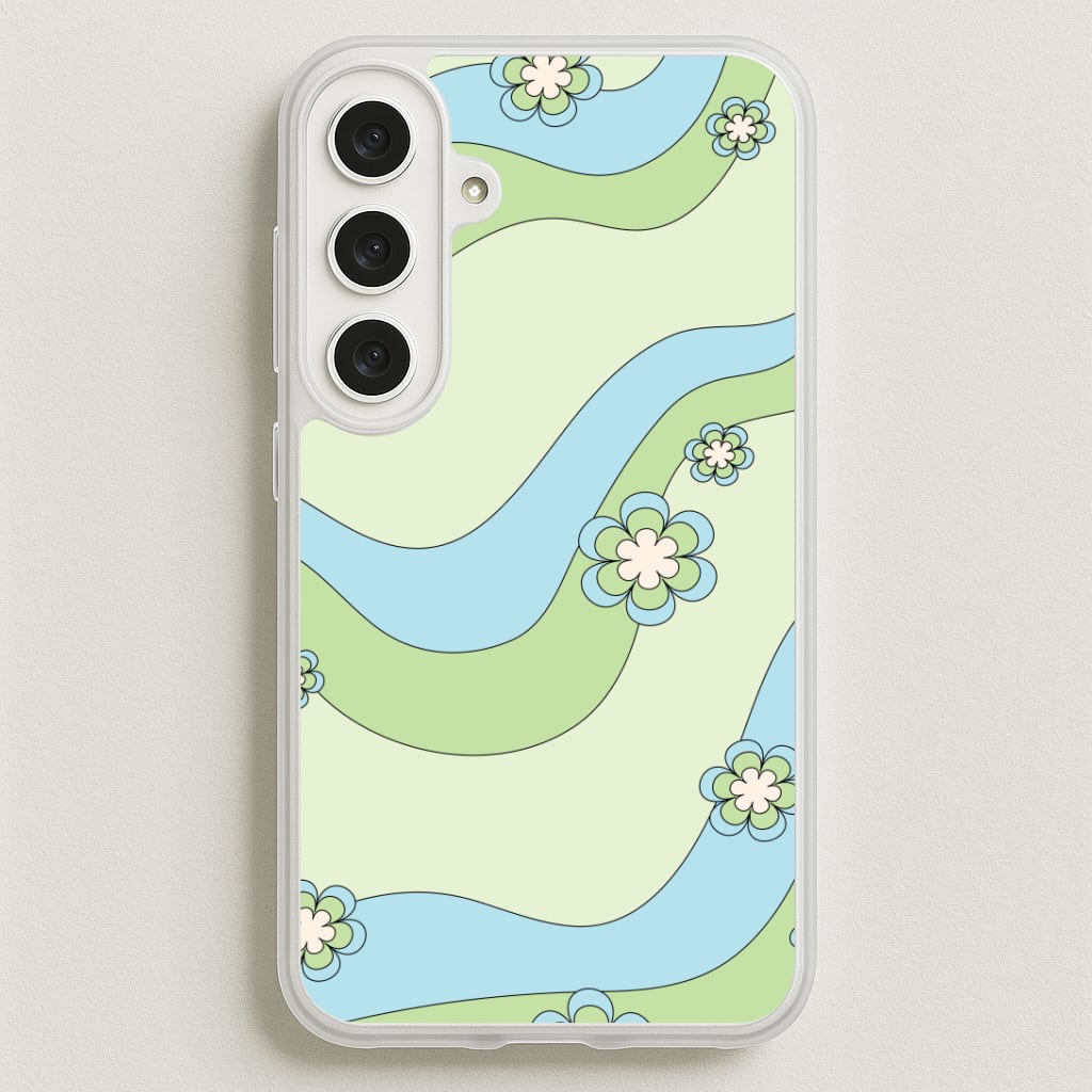 Waves And Flowers Green Retro Pattern Phone Case for Galaxy S25FE