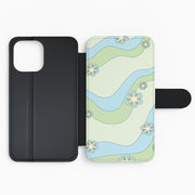 Waves And Flowers Green Retro Pattern Flip / Wallet Phone Case 2