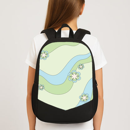 Waves And Flowers Green Retro Pattern Large School Bag