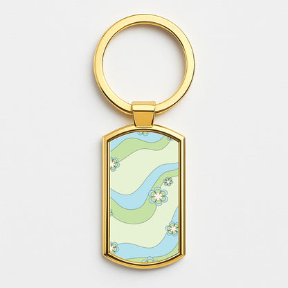 Waves And Flowers Green Retro Pattern Gold Keyring