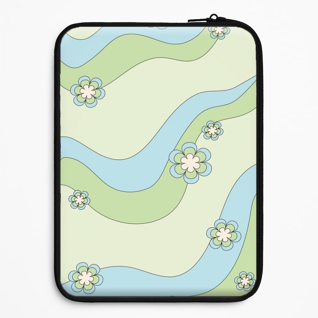 Waves And Flowers Green Retro Pattern Laptop Sleeve