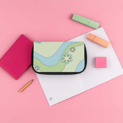 Waves And Flowers Green Retro Pattern Pencil Case