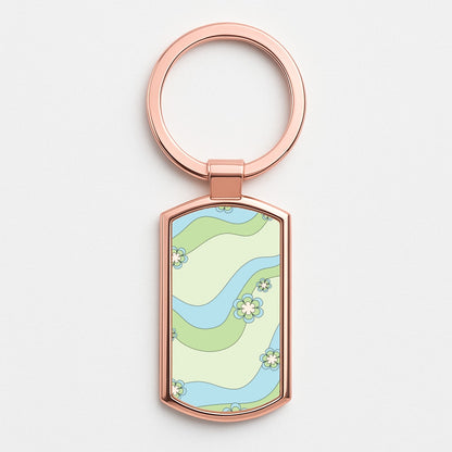 Waves And Flowers Green Retro Pattern Rose Gold Keyring