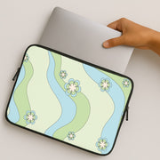 Waves And Flowers Green Retro Pattern Laptop Sleeve 2