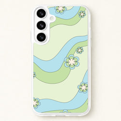 Waves And Flowers Green Retro Pattern Phone Case for Galaxy S26 Plus