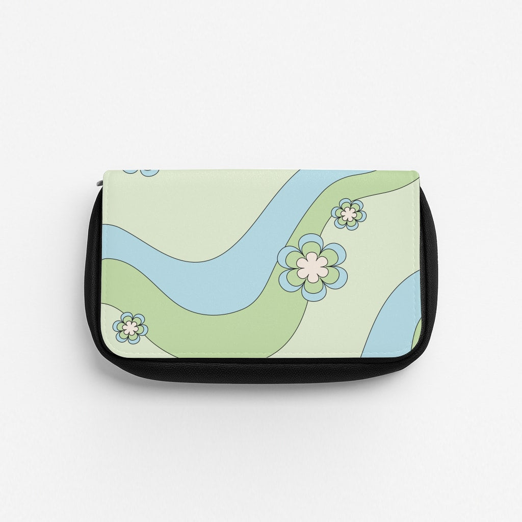 Waves And Flowers Green Retro Pattern Pencil Case
