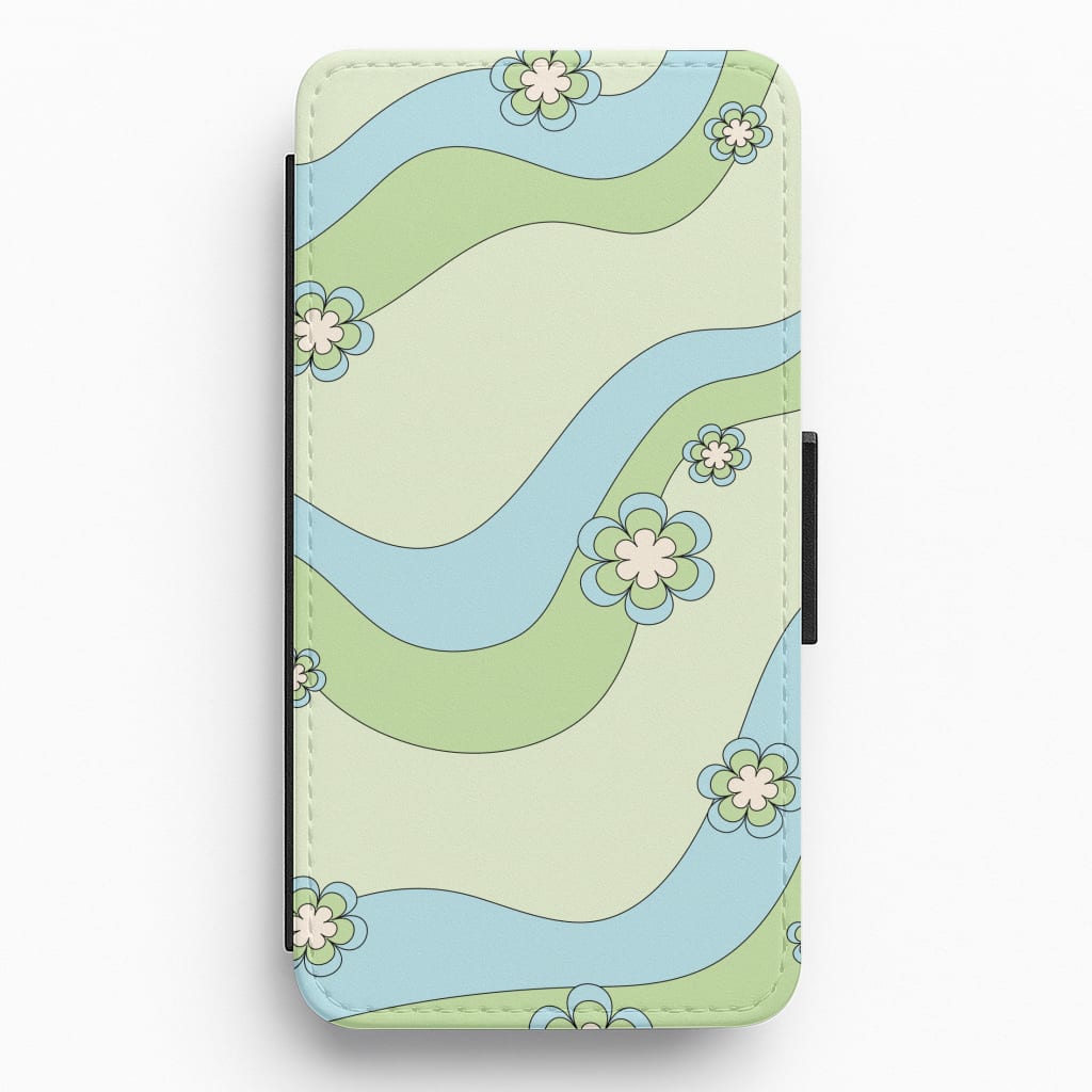 Waves And Flowers Green Retro Pattern Flip / Wallet Phone Case
