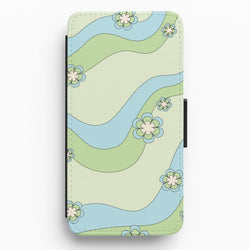 Waves And Flowers Green Retro Pattern Flip / Wallet Phone Case