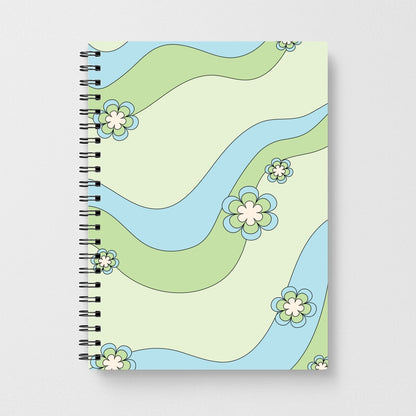 Waves And Flowers Green Retro Pattern Notebook