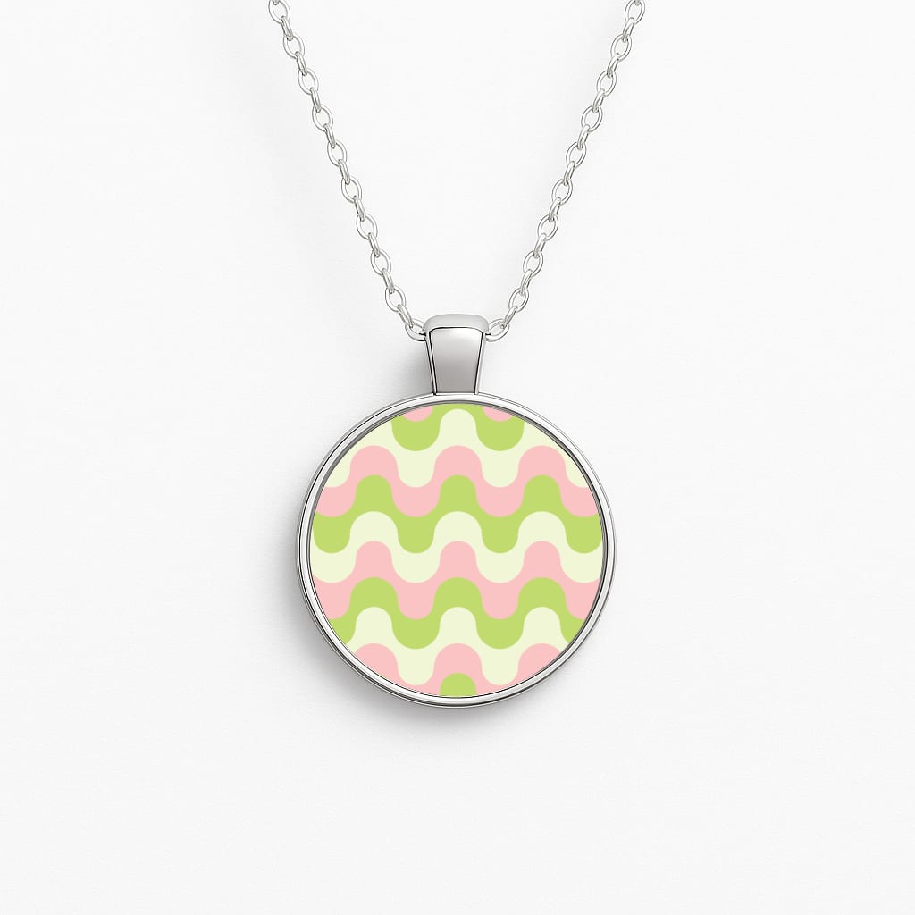 Green And Pink Retro Waves Pattern Necklace